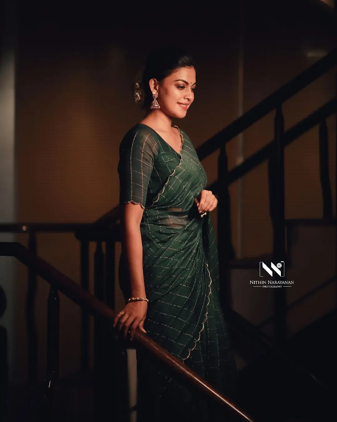 Anusree Nair Wearing Beautiful Earrings Jewellery Green Saree Blouse